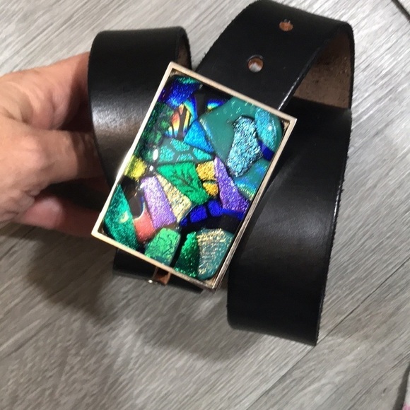 Dichroic Glass Belt Buckle on Black Heavy Duty Black‎ Leather Belt size L/XL main image 6